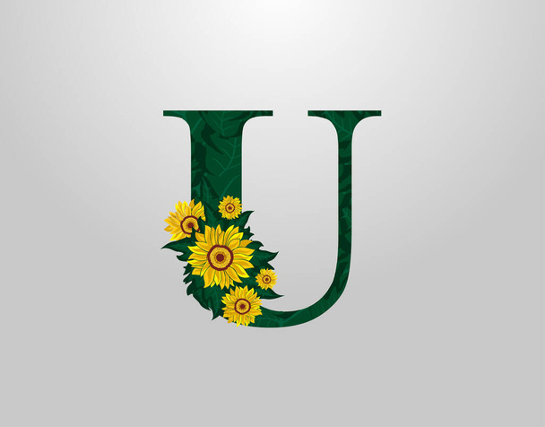 U List z projektu wektora słonecznika. Ikona logo kwiatu U. Projektowanie typograficzne - Wektor, obraz