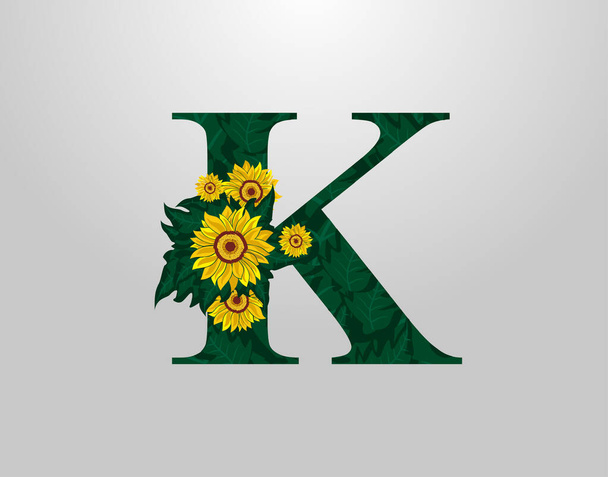 K List z projektu wektora słonecznika. Ikona logo Flower K. Projektowanie typograficzne - Wektor, obraz