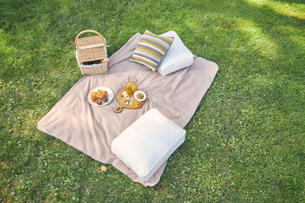 Picnic basket fruit bakery and violin on pink cloth in garden - Foto, immagini
