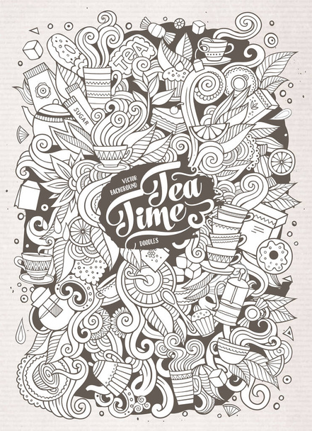 Cartoon niedliche Kritzeleien handgezeichnet Tea Time Illustration. Skizzenhaft detailliert, mit vielen Objekten Hintergrund. Lustige Vektorgrafik - Vektor, Bild