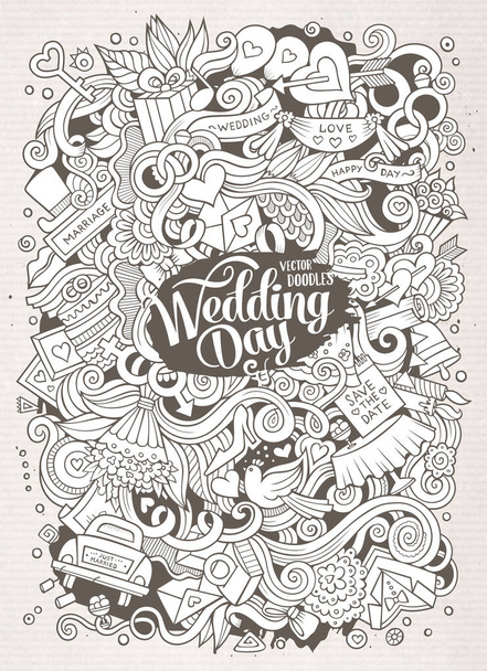 Tekenfilm schattige doodles hand getekend bruiloft illustratie. Schets gedetailleerd, met veel objecten achtergrond. Grappig vectorkunstwerk. Lijn kunst foto met liefde items - Vector, afbeelding