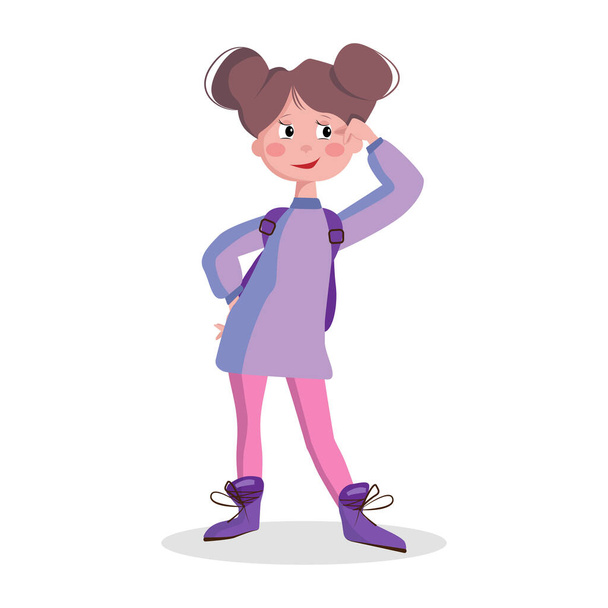 Vektorillustration eines lächelnden Mädchens mit einem Rucksack. Nettes Vorschulkind geht zur Schule, in den Kindergarten. Schulmädchen mit Rucksack isoliert auf weiß - Vektor, Bild