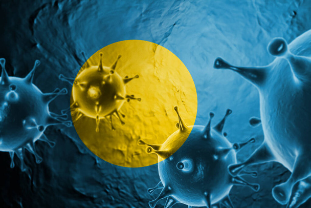 3D ILLUSTRATIE VIRUS MET Palau FLAG, CORONAVIRUS, zwevend griepcoronavirus, microzicht, pandemische virusinfectie, Aziatische griep. - Foto, afbeelding