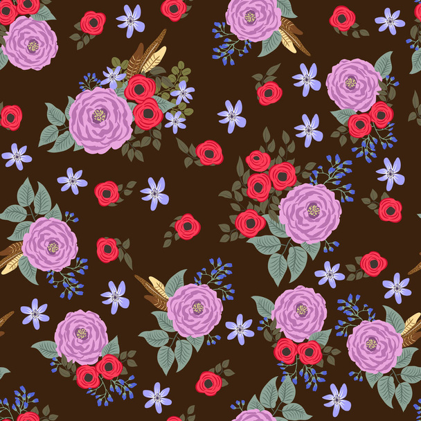Seamless plants pattern with antique folk flowers. Shabby chic style millefleurs. Floral background for textile, wallpaper, covers, surface, print, wrap, scrapbooking, decoupage - Vektor, kép