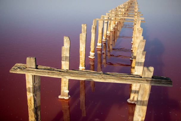 Salzstreifen eingezäunt mit getrockneten Holzsäulen am See mit rosa Salz. Salzproduktion. - Foto, Bild