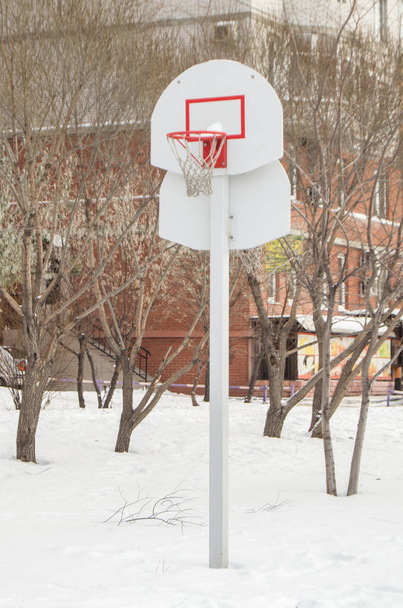 Panier de basket-ball sur fond d'arbres et de maisons, en plein air, contre le paysage hivernal - Photo, image