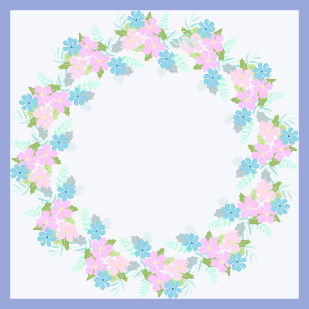 Floral round frame from cute flowers. Greeting card template. Design artwork for the poster, tee shirt, pillow, home decor. Summer wild flowers wreath - Vector, imagen
