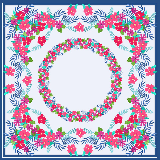 Floral round frame from cute flowers. Greeting card template. Design artwork for the poster, tee shirt, pillow, home decor. Summer wild flowers wreath - Vector, Imagen