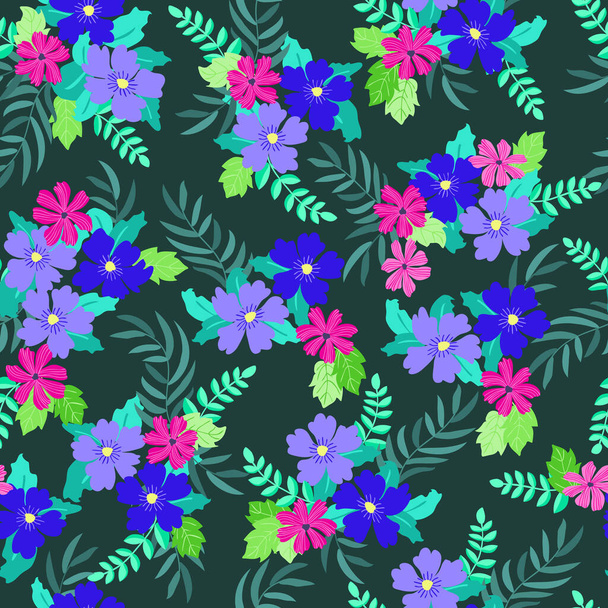 Seamless plants pattern with antique folk flowers. Shabby chic style millefleurs. Floral background for textile, wallpaper, covers, surface, print, wrap, scrapbooking, decoupage - Vector, Imagen