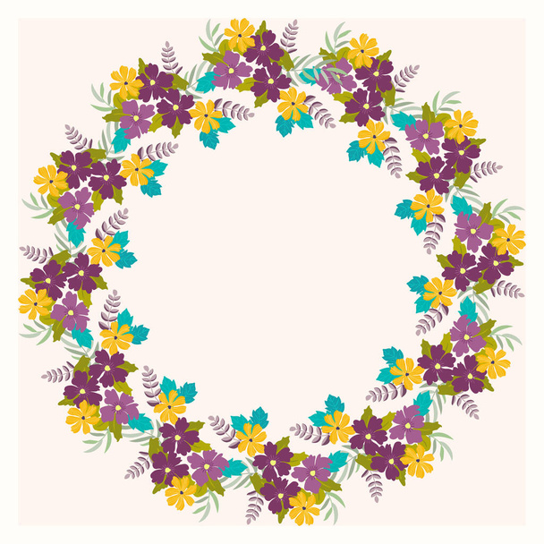 Floral round frame from cute flowers. Greeting card template. Design artwork for the poster, tee shirt, pillow, home decor. Summer wild flowers wreath - Vector, Imagen