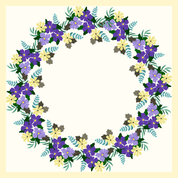 Floral round frame from cute flowers. Greeting card template. Design artwork for the poster, tee shirt, pillow, home decor. Summer wild flowers wreath - Διάνυσμα, εικόνα