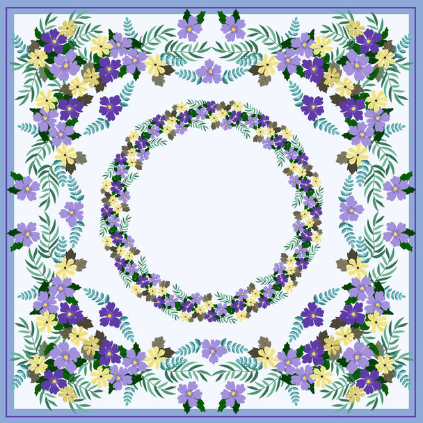 Floral round frame from cute flowers. Greeting card template. Design artwork for the poster, tee shirt, pillow, home decor. Summer wild flowers wreath - Vektori, kuva