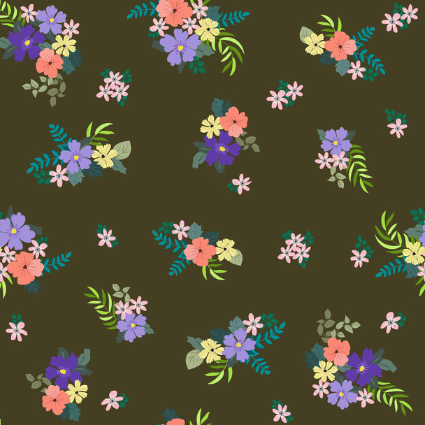 Seamless plants pattern with antique folk flowers. Shabby chic style millefleurs. Floral background for textile, wallpaper, covers, surface, print, wrap, scrapbooking, decoupage - Вектор,изображение