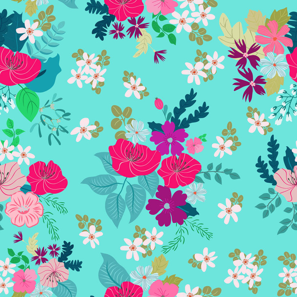 Seamless plants pattern with antique folk flowers. Shabby chic style millefleurs. Floral background for textile, wallpaper, covers, surface, print, wrap, scrapbooking, decoupage - Vecteur, image