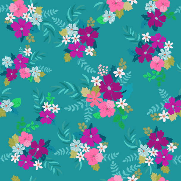 Seamless plants pattern with antique folk flowers. Shabby chic style millefleurs. Floral background for textile, wallpaper, covers, surface, print, wrap, scrapbooking, decoupage - Vector, imagen