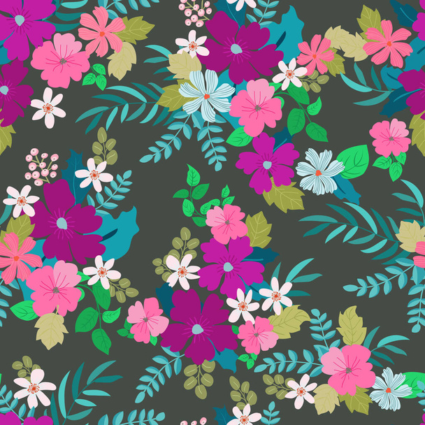 Seamless plants pattern with antique folk flowers. Shabby chic style millefleurs. Floral background for textile, wallpaper, covers, surface, print, wrap, scrapbooking, decoupage - ベクター画像