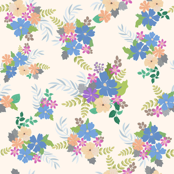 Seamless plants pattern with antique folk flowers. Shabby chic style millefleurs. Floral background for textile, wallpaper, covers, surface, print, wrap, scrapbooking, decoupage - Vector, Image