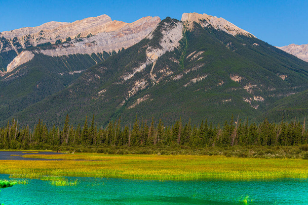 Piękny widok ze szmaragdowym jeziorem i malowniczymi górami w Parku Narodowym Banff, Alberta, Kanada - Zdjęcie, obraz