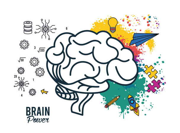 πρότυπο εγκεφαλικής ισχύος με χρώματα και σύνολα εικονιδίων - Διάνυσμα, εικόνα