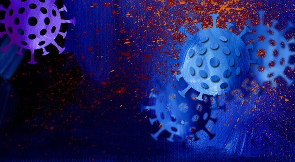Graphic conceptual illustration of Coronavirus cells background header. Colorful, abstract design uses original paint spatters and brush strokes. - Photo, Image