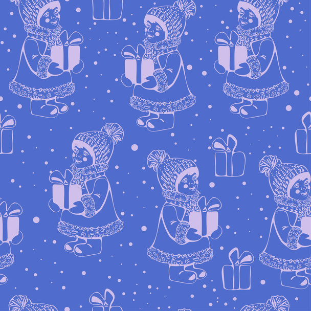 Seamless pattern of girl with a gift during snow. Christmas postcard vector design. Small girl in winter clothes, New Year concept. - Vector, Image