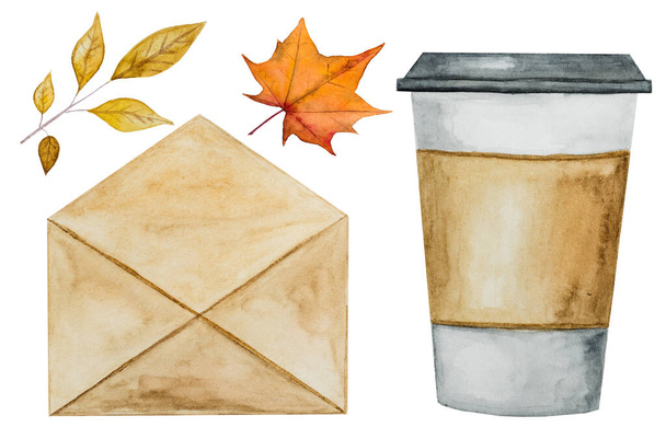 Cup of fragrant morning coffee, painted in watercolor. Close-up, top view. Close-up, view from above - Фото, изображение