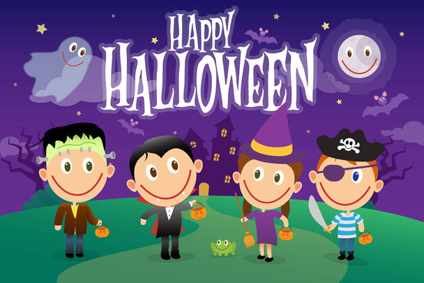 Group of children in halloween costumes. Vector illustration character set. - Vector, Image