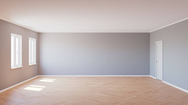 Hermoso interior vacío con suelo de parquet y luz de puerta blanca por el sol, ilustración 3d - Foto, Imagen