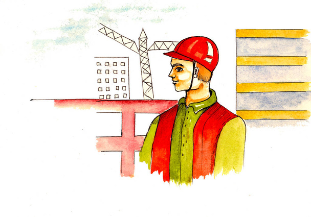 Инженер-строитель в форме на фоне строительной площадки. Призвание людей. Иллюстрация акварелью. - Фото, изображение