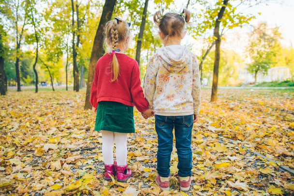 дві дівчинки-подружки грають на осінньому міському парку, тримаючись за руки
 - Фото, зображення