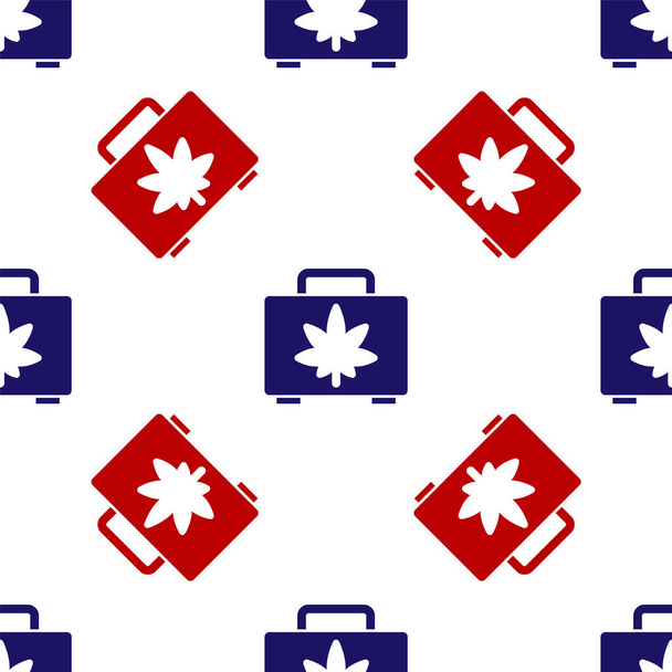 Blauw en rood Winkeldoos met medicinale marihuana of cannabis blad icoon geïsoleerd naadloos patroon op witte achtergrond. Wiet kopen. Hennep symbool. Vector Illustratie. - Vector, afbeelding