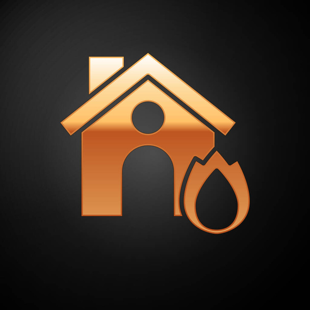 Gold Fire in burning house icon isolated on black background. Insurance concept. Security, safety, protection, protect concept.  Vector.. - Vector, Image