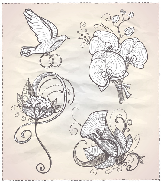 Wedding floral hand drawn graphic set on a paper. - Vettoriali, immagini