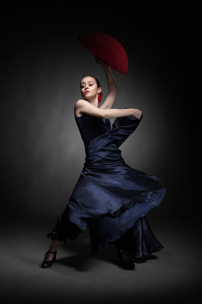 young woman dancing flamenco on black - Фото, изображение