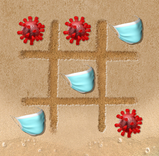 Morpion gioco che rappresenta la lotta tra coronavirus e gesti barriera. Immagini di covid-19 e maschera sulla sabbia. Rendering 3D - Foto, immagini
