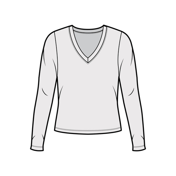 Jersey de cuello en V profundo jersey técnica ilustración de moda con mangas largas, cuerpo de gran tamaño  - Vector, Imagen