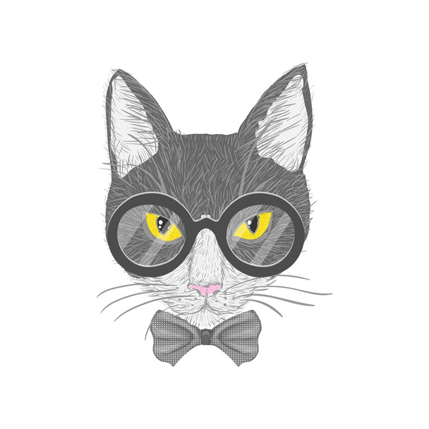 Hipster cat with yellow eyes - Vector, Image