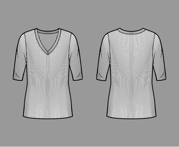 Stuhy V-neck pletený svetr technické módní ilustrace s lokty rukávy, nadrozměrné tělo, délka tuniky.  - Vektor, obrázek
