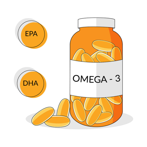 Botella con geles blandos omega-3, aceite de pescado natural, EPA, ilustración vectorial DHA - Vector, Imagen
