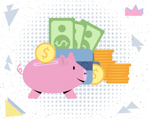 Dolar ve sikke dolu bir cüzdanın arka planında domuz kumbarası vektör illüstrasyonu yatırım tasarruf kavramını finanse ediyor - Vektör, Görsel
