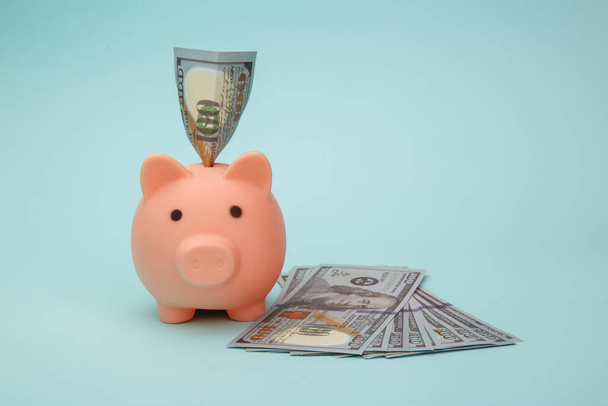 Свинка банк с деньгами банкноты на синем фоне. Концепция экономии - Фото, изображение