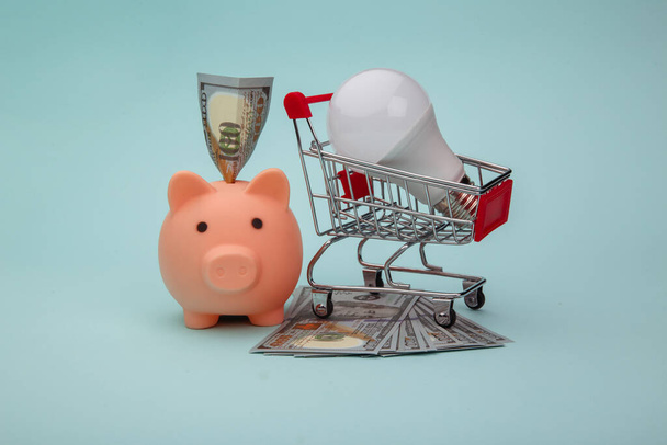 Piggy bank, trolley and led light lamp on blue background. Energy saving concept - Photo, Image