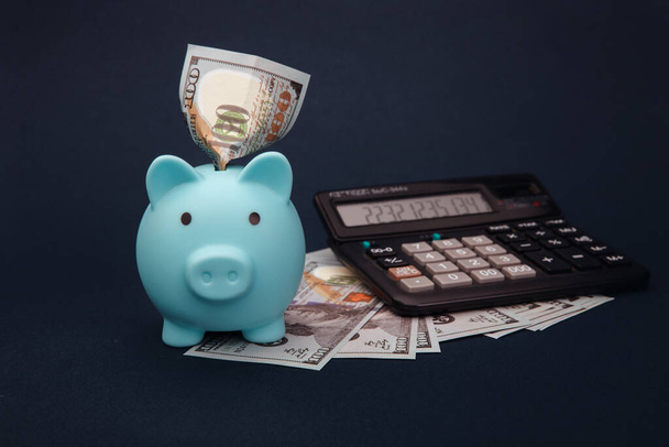 Liiketoiminta, rahoitus, investoinnit ja säästäminen - dollarin käteistä rahaa, laskin ja sininen säästöpossu pöydällä - Valokuva, kuva