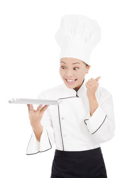 smiling female chef, cook or baker showing thumbs up - Zdjęcie, obraz
