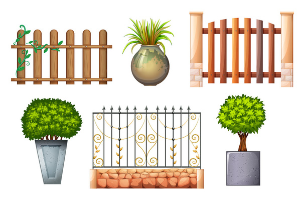 Wooden and steel fences with plants - Vector, Image