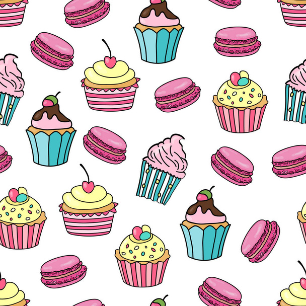 Cupcake and macaroon background. Seamless pattern with different cupcakes and macaroon on white background. Sweet background for wedding, birhday, greetings cards, web, print. Vector illustration. - Vector, Imagen