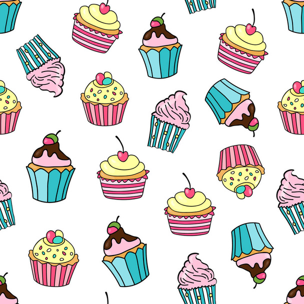 Seamless pattern with cupcakes on a white background. Sweet cakes decorated with cherry, strawberry, glaze and cream. Vector illustration. - Vector, Imagen