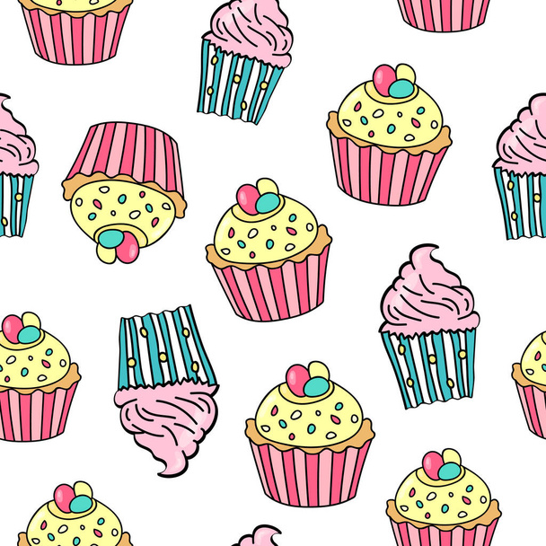 Seamless pattern with different cupcakes on white background. Cupcake background. Sweet pattern for wedding, birhday, greetings cards, web, print. Vector illustration. - Vector, Imagen