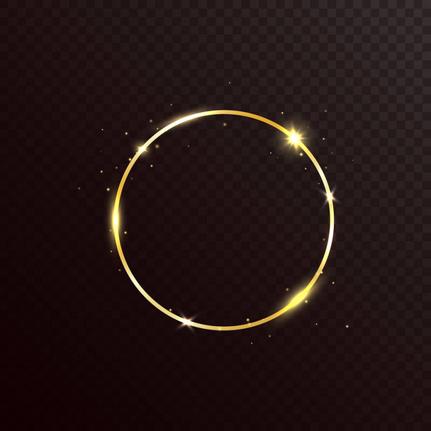 Gold glitter circle frame with light effect. Golden bright banner on dark transparent background. Luxury glowing frame with sparkles and stars. Vector illustration. - Vektori, kuva