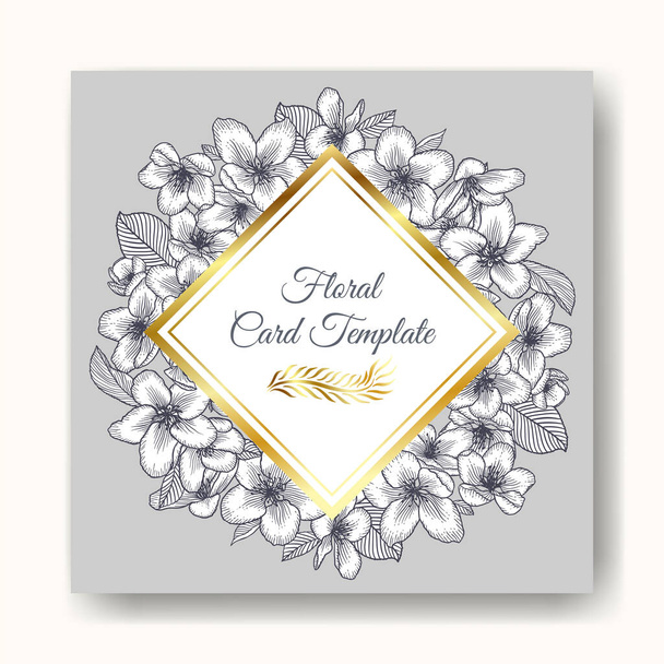 Vector botanical floral wedding invitation elegant card monochrome template. Apple flowers and golden frame. Romantic design for greeting card, natural cosmetics, women products. - Vektori, kuva